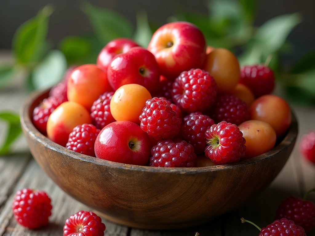 Skål med røde bær i abrikos og fersken nuancer