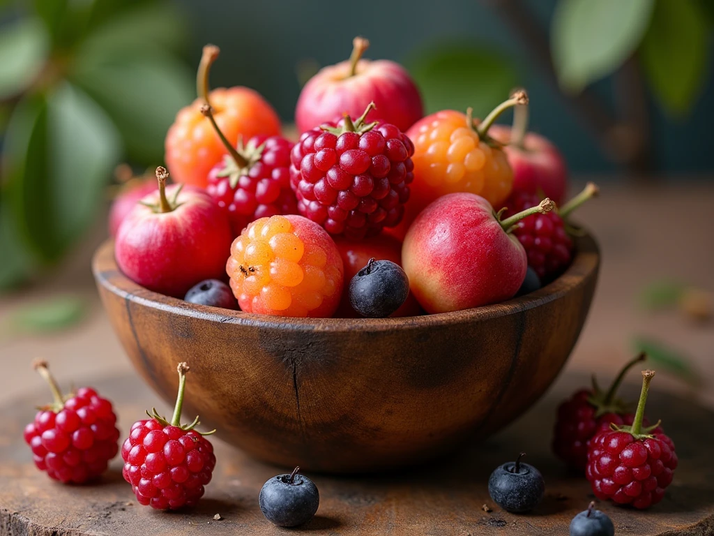 Skål med røde bær i abrikos og fersken nuancer